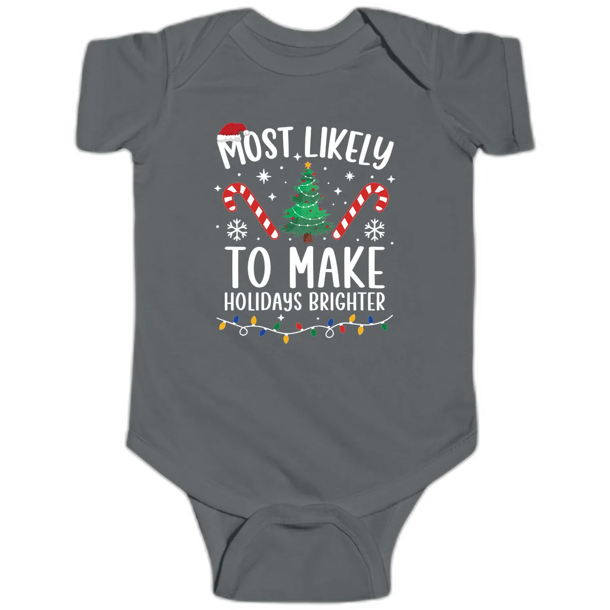 Most Likely To Make Holidays Brighter Baby Onesie in Charcoal
